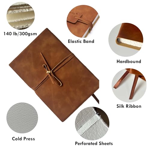tumuarta Deckle Edge Watercolor Paper Journal Sketchbook, 100% Cotton Vintage Leather Drawing Book Notebook, 140 Lb, 300 GSM, 24 Sheets Handmade Diary for Mixed Media Techniques,7.5x5 Inch - Image 2