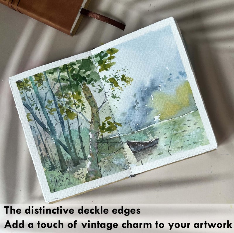 tumuarta Deckle Edge Watercolor Paper Journal Sketchbook, 100% Cotton Vintage Leather Drawing Book Notebook, 140 Lb, 300 GSM, 24 Sheets Handmade Diary for Mixed Media Techniques,7.5x5 Inch - Image 3