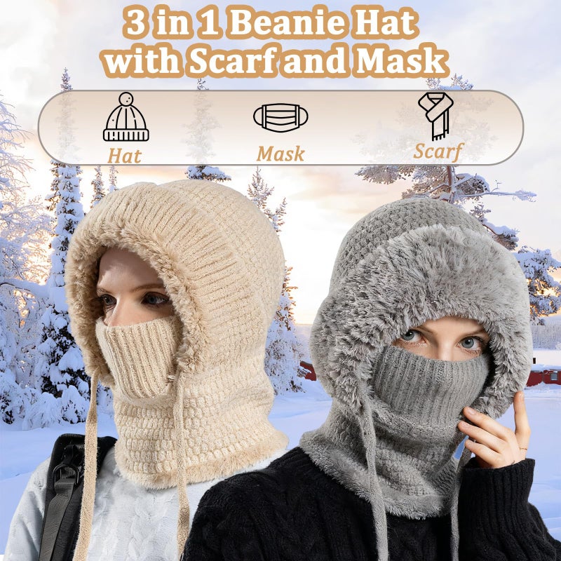 PMDYBY 3 in 1 Beanie Hat with Scarf and Mask, Women Balaclava Winter, 3 in 1 Winter Hat for Women, Warm and Wind-Resistant, Ideal for Outdoor Skiing and Travel(Khaki) - Image 2