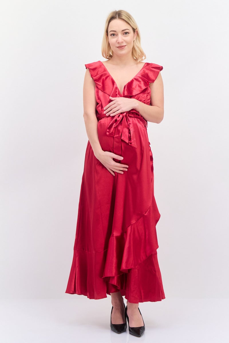 Little Mistress فستان ماكسي مزخرف للحمل، مارون - Image 1