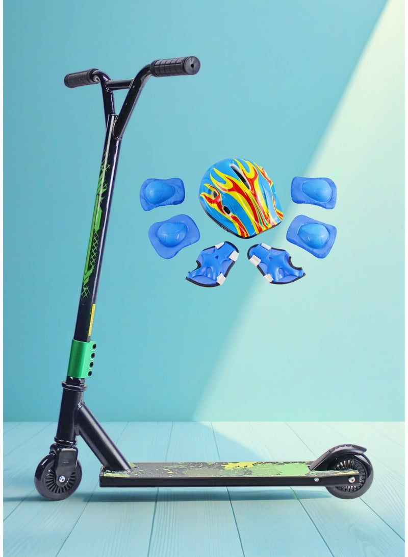 EASY FUTURE Aluminium Grip Tape Deck, 2 Wheels Stunt Scooter – Pro Scooter for Tricks, 110 mm Aluminium Wheels, Wide T-Tube Handlebars, Steel Brake, Lightweight 360 Degree Stunts, For Beginner and Intermediate Level Including Full Protective Gear Set - Image 1