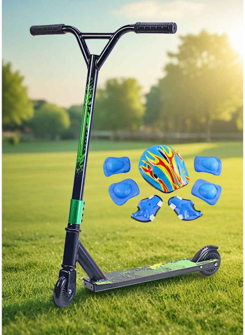 EASY FUTURE Aluminium Grip Tape Deck, 2 Wheels Stunt Scooter – Pro Scooter for Tricks, 110 mm Aluminium Wheels, Wide T-Tube Handlebars, Steel Brake, Lightweight 360 Degree Stunts, For Beginner and Intermediate Level Including Full Protective Gear Set - Image 4