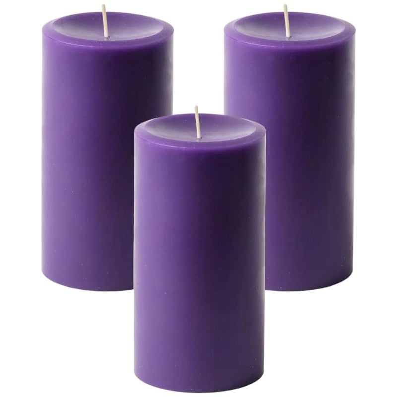 Mister Candle Dripless Unscented Pillar Candles, Set of 3 Hand Poured Purple Pillar Candles, Solid Color Non-Scented Candles for Home Decor, Premium Wax, 80 Hr Burn Time, 3x6 Inch - Image 1