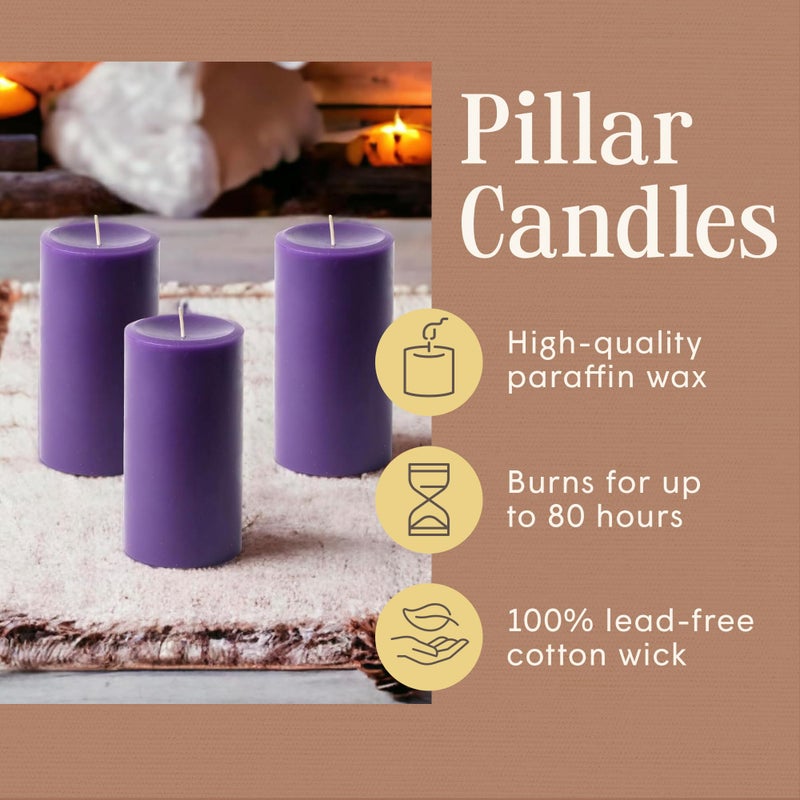 Mister Candle Dripless Unscented Pillar Candles, Set of 3 Hand Poured Purple Pillar Candles, Solid Color Non-Scented Candles for Home Decor, Premium Wax, 80 Hr Burn Time, 3x6 Inch - Image 3