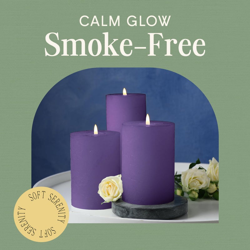 Mister Candle Dripless Unscented Pillar Candles, Set of 3 Hand Poured Purple Pillar Candles, Solid Color Non-Scented Candles for Home Decor, Premium Wax, 80 Hr Burn Time, 3x6 Inch - Image 4