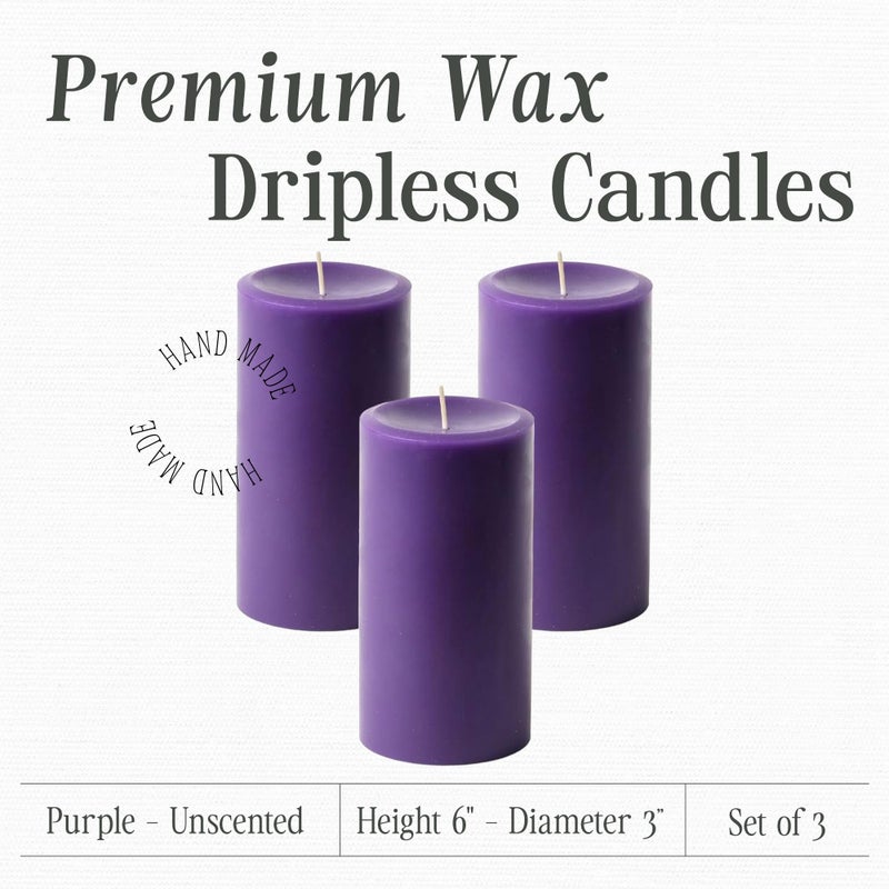 Mister Candle Dripless Unscented Pillar Candles, Set of 3 Hand Poured Purple Pillar Candles, Solid Color Non-Scented Candles for Home Decor, Premium Wax, 80 Hr Burn Time, 3x6 Inch - Image 2