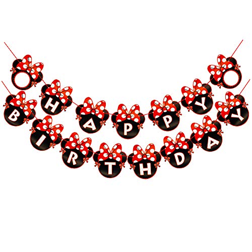 CHuangQi Minnie Themed Party Banner Happy Birthday Letter Banner Red Bow with Polka Dots Card 1st Birthday Party Supplies Decoration - Image 1