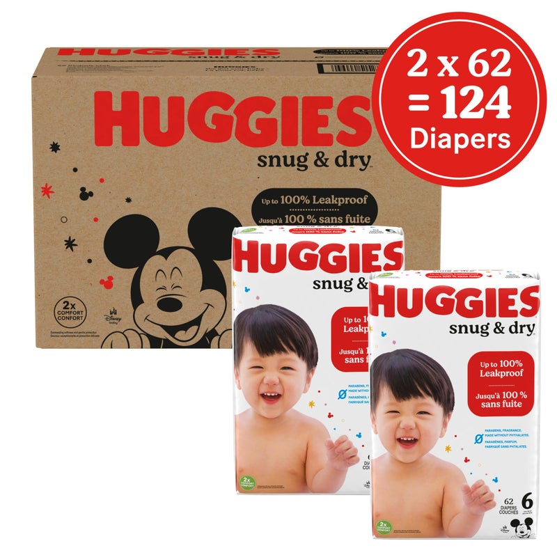 Huggies Size 6 Diapers, Snug & Dry Baby Diapers, Size 6 (35+ lbs), 124 Count (2 Packs of 62, Packaging May Vary - Image 2