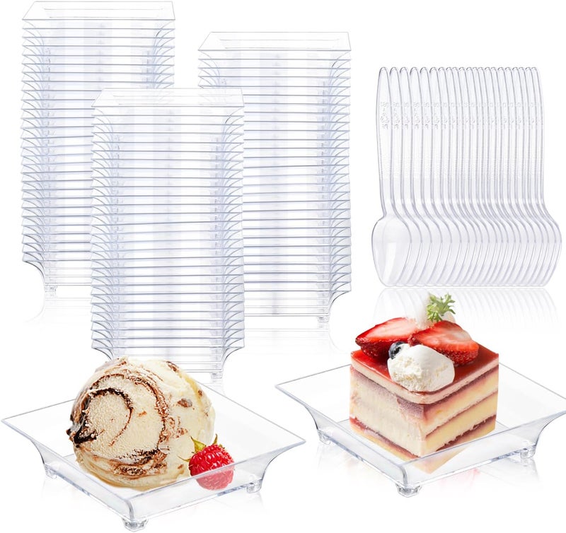 KesaPlan 300 Pack Mini Dessert Plates with Tasting Spoons for 150 Guests 24 Small Clear Dessert Plates for Appetizer Reusable Mini Square Plastic Appetizer Plates Set for Dessert Sauce - Image 1