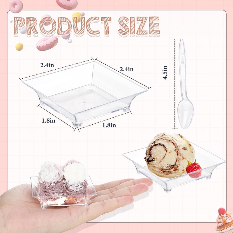 KesaPlan 300 Pack Mini Dessert Plates with Tasting Spoons for 150 Guests 24 Small Clear Dessert Plates for Appetizer Reusable Mini Square Plastic Appetizer Plates Set for Dessert Sauce - Image 3