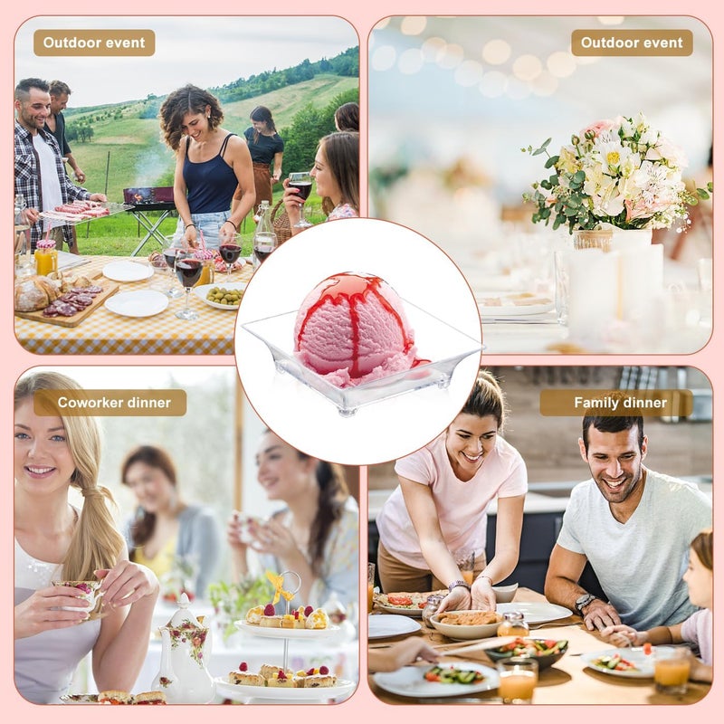 KesaPlan 300 Pack Mini Dessert Plates with Tasting Spoons for 150 Guests 24 Small Clear Dessert Plates for Appetizer Reusable Mini Square Plastic Appetizer Plates Set for Dessert Sauce - Image 5