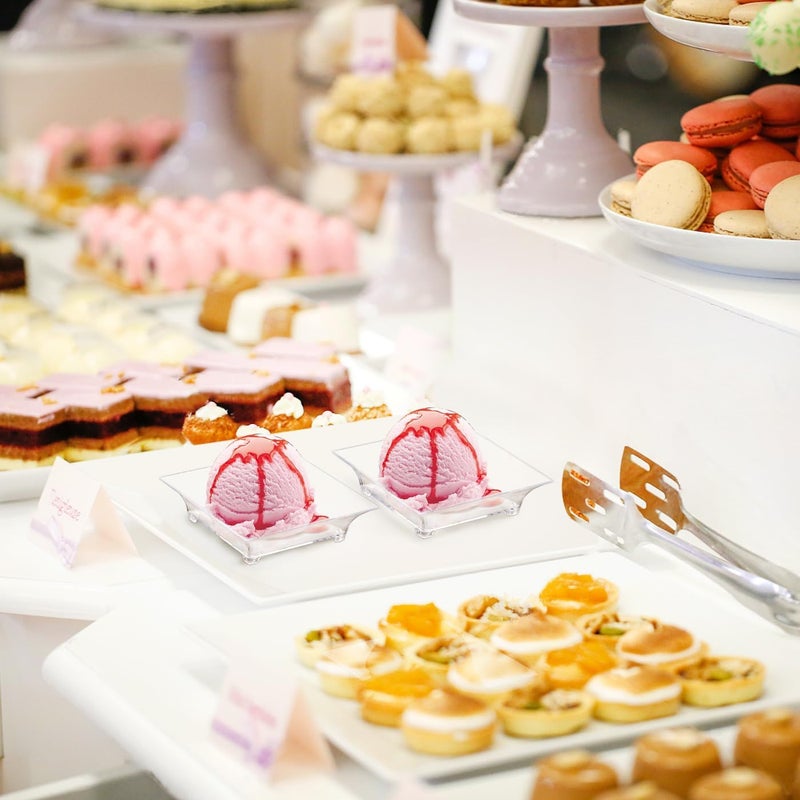 KesaPlan 300 Pack Mini Dessert Plates with Tasting Spoons for 150 Guests 24 Small Clear Dessert Plates for Appetizer Reusable Mini Square Plastic Appetizer Plates Set for Dessert Sauce - Image 2