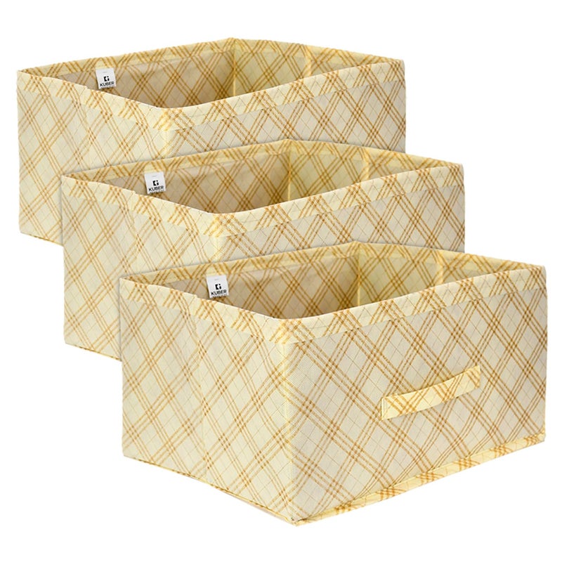 Kuber Industries Kuber Industries Drawer Storage Box Check Drawer Storage Box Non Woven Clothes Organizer For Toys Storage Box for Books Storage Box with Handle Pack of 3 Cream  - Image 1