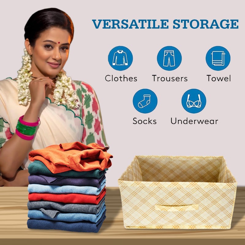 Kuber Industries Kuber Industries Drawer Storage Box Check Drawer Storage Box Non Woven Clothes Organizer For Toys Storage Box for Books Storage Box with Handle Pack of 3 Cream  - Image 5