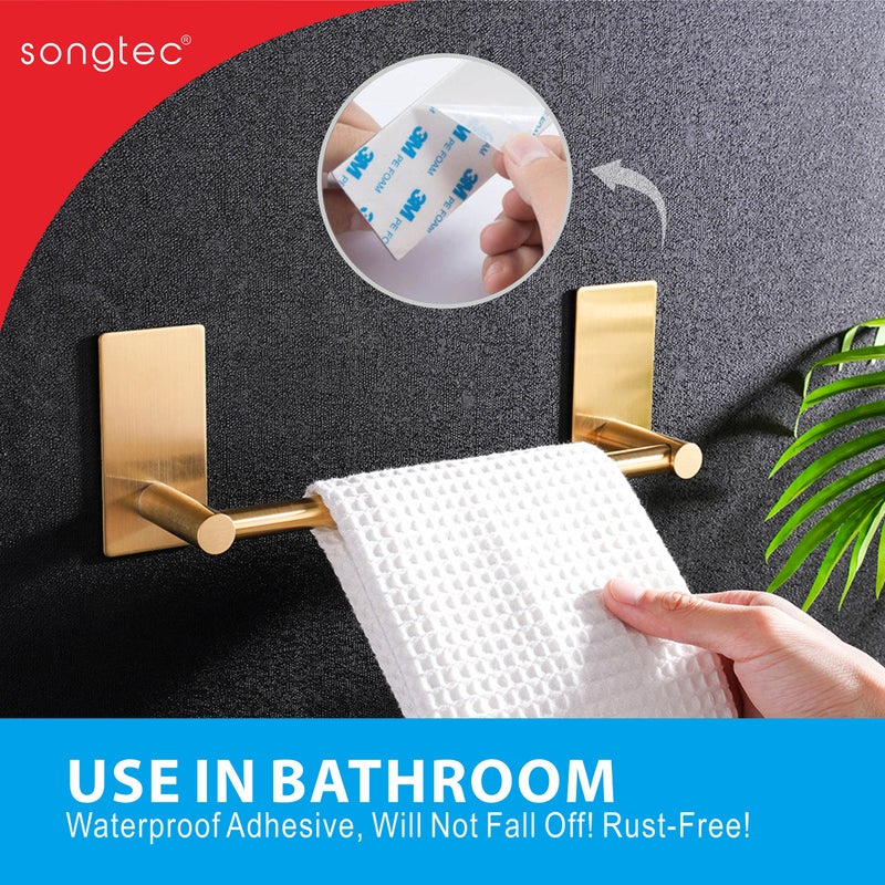 Songtec Gold Towel Bar 12-Inch  Adhesive Stick On Bath Towel Rack No Drill  Strong Adhesion Tape Mount Towel Holder  Stainless Steel - Brushed Gold - Image 2