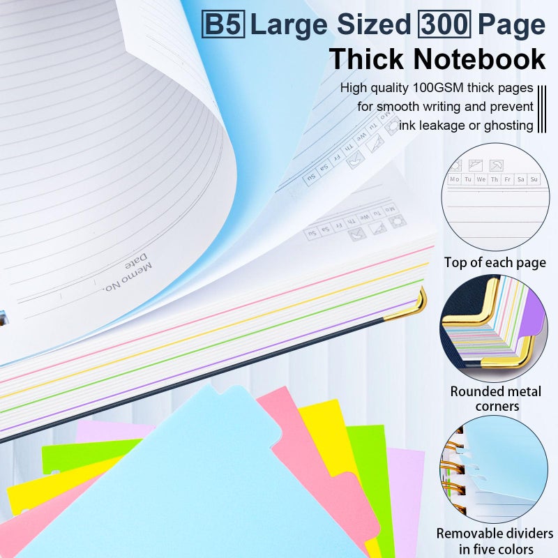 GDGDSY Hardcover Spiral Notebook 8"x10" Journal Notebook with Tabs and Removable Dividers 300 Pages 5 Subject Notebook College Ruled, Faux Leather Spiral Bound Notebook for Women School Work (Dark Blue) - Image 4