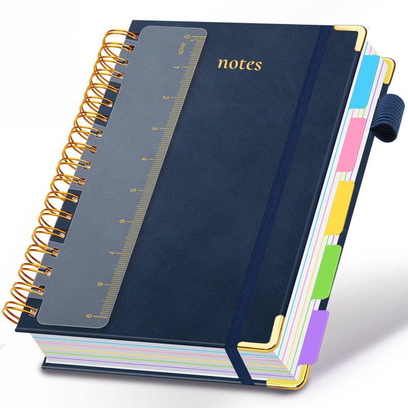 GDGDSY Hardcover Spiral Notebook 8"x10" Journal Notebook with Tabs and Removable Dividers 300 Pages 5 Subject Notebook College Ruled, Faux Leather Spiral Bound Notebook for Women School Work (Dark Blue) - Image 1