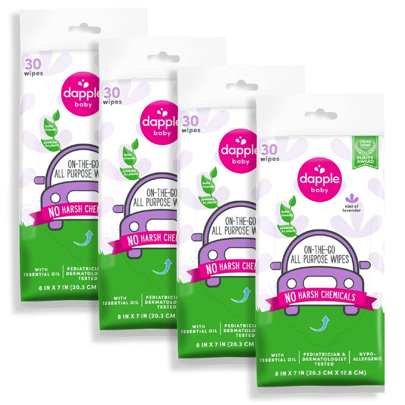 Dapple Baby All Purpose Wipes Hint of Lavender Plant Powered Hypoallergenic 30 Count Pack of 4