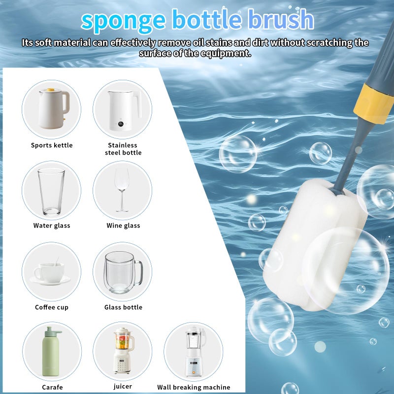 Cleansprite Sponge Bottle Brushes Adjustable Long Handle Up to 12.9â€ High Density Foam Bottle Brush Head Hanging Design with 4 Traceless Hooksâ€“ Bottle Brush Cleaner for Water Bottle & More (2 Pack) - Image 3