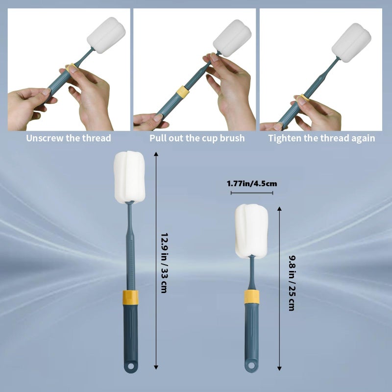Cleansprite Sponge Bottle Brushes Adjustable Long Handle Up to 12.9â€ High Density Foam Bottle Brush Head Hanging Design with 4 Traceless Hooksâ€“ Bottle Brush Cleaner for Water Bottle & More (2 Pack) - Image 4