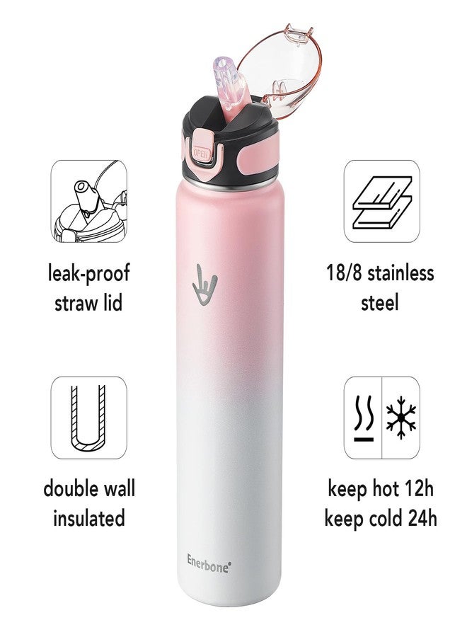 Enerbone Insulated Water Bottle, 32 oz Stainless Steel Water Bottles with Carrying Strap, Double-Wall Vacuum Insulation Thermos, Leakproof Sports Bottle with Straw, Keep Drinks Hot or Cold for Hours - Image 2