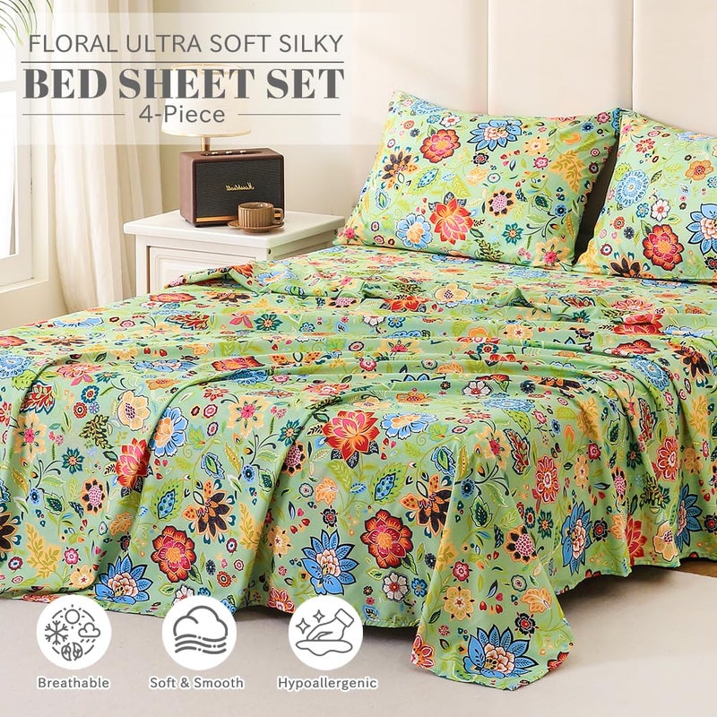Bedlifes Full Sheet Set Ultra Soft, Breathable, Silky Flower Deep Pocket 100% Microfiber Bedding, 4 Piece Full Size with Floral Sage Green - Image 2