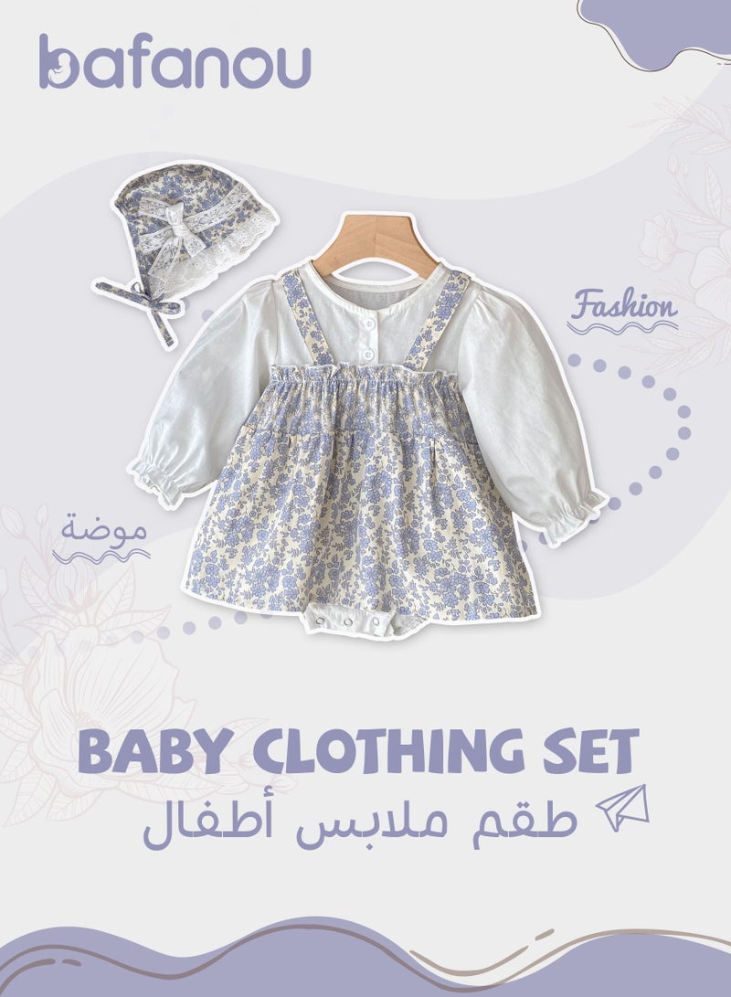 Bafanou Bafanou Spring Printed Floral Baby Girls Jumpsuit -Long Sleeve Blue Romper with Matching Hat 2 Pcs for Newborns and Infants  - Image 1