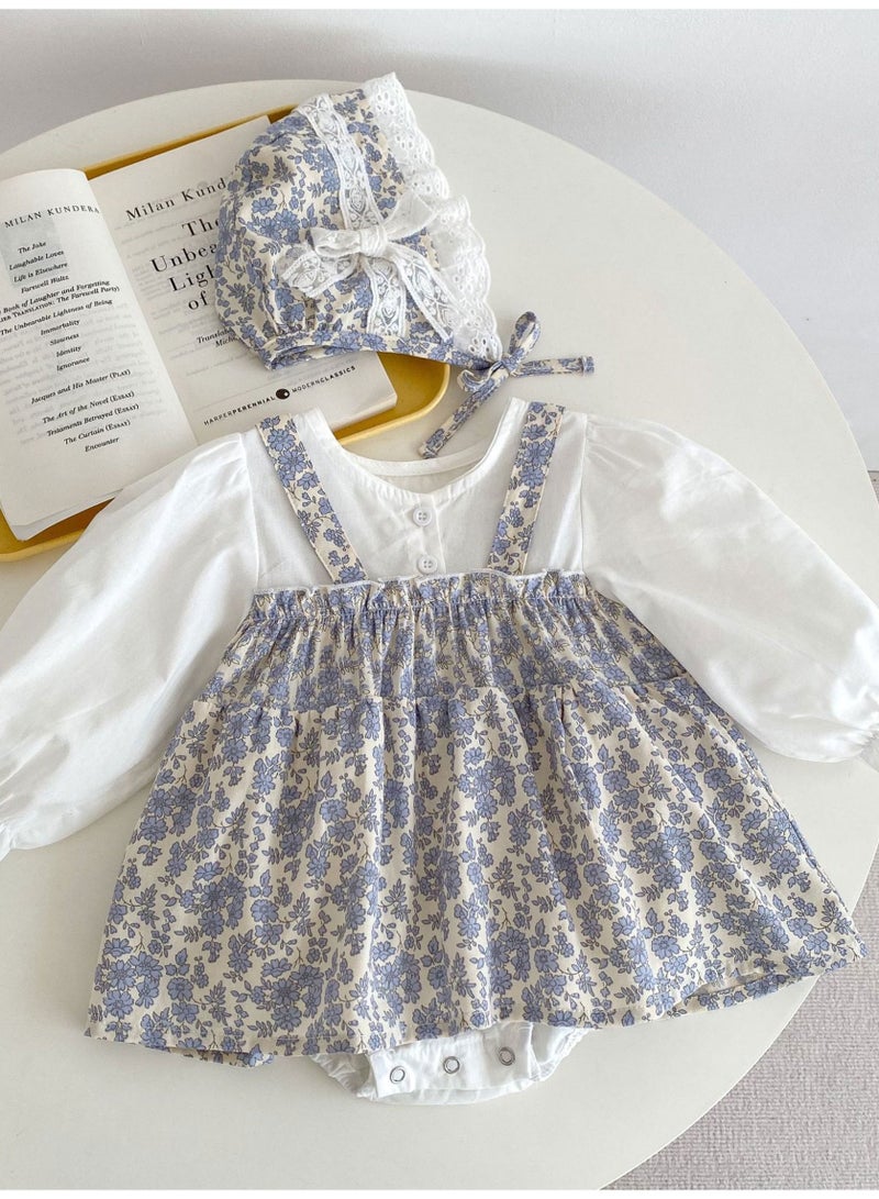 Bafanou Bafanou Spring Printed Floral Baby Girls Jumpsuit -Long Sleeve Blue Romper with Matching Hat 2 Pcs for Newborns and Infants  - Image 4