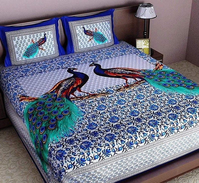 EarlyMart 180 TC Cotton Comfort Rajasthani Jaipuri Traditional Floral Pattern Animal Pattern Size Double Bed Bedsheet with 2 Pillow Covers Blue - Image 1