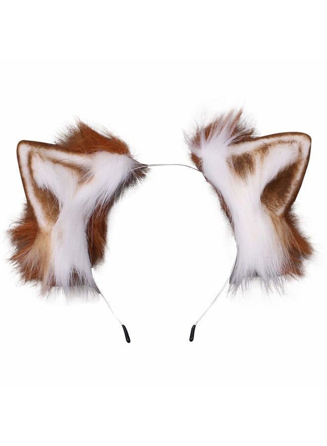 VIGVAN KYC Animal Ears Kawaii Plush Cat Ears Hair Clip Headdress Halloween Cosplay (Brown White Hairband) - Image 1