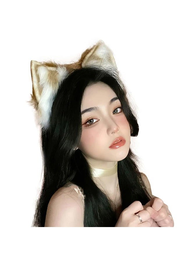 VIGVAN KYC Animal Ears Kawaii Plush Cat Ears Hair Clip Headdress Halloween Cosplay (Brown White Hairband) - Image 2