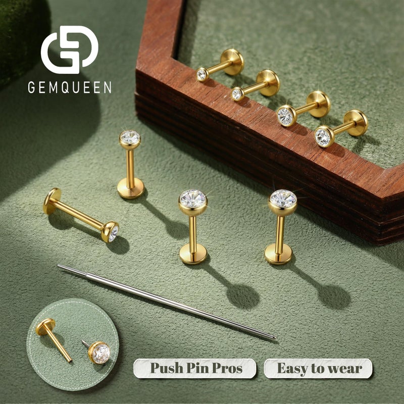 GEMQUEEN Flat Back Earrings Hypoallergenic : G23 Titanium Earring Threadless 16G Push in Cartilage Helix Tragus Conch Piercing Jewelry Small Nose Lip Labret Bezel Studs for Women Men Trendy 4 Pairs - Image 4