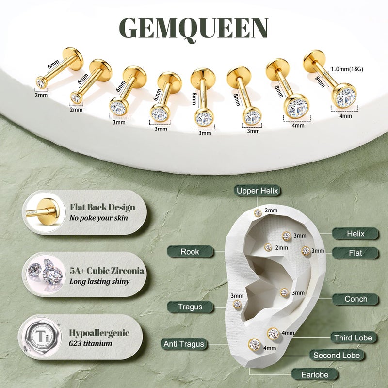 GEMQUEEN Flat Back Earrings Hypoallergenic : G23 Titanium Earring Threadless 16G Push in Cartilage Helix Tragus Conch Piercing Jewelry Small Nose Lip Labret Bezel Studs for Women Men Trendy 4 Pairs - Image 2