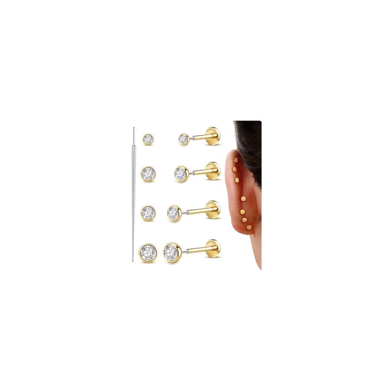 GEMQUEEN Flat Back Earrings Hypoallergenic : G23 Titanium Earring Threadless 16G Push in Cartilage Helix Tragus Conch Piercing Jewelry Small Nose Lip Labret Bezel Studs for Women Men Trendy 4 Pairs - Image 1