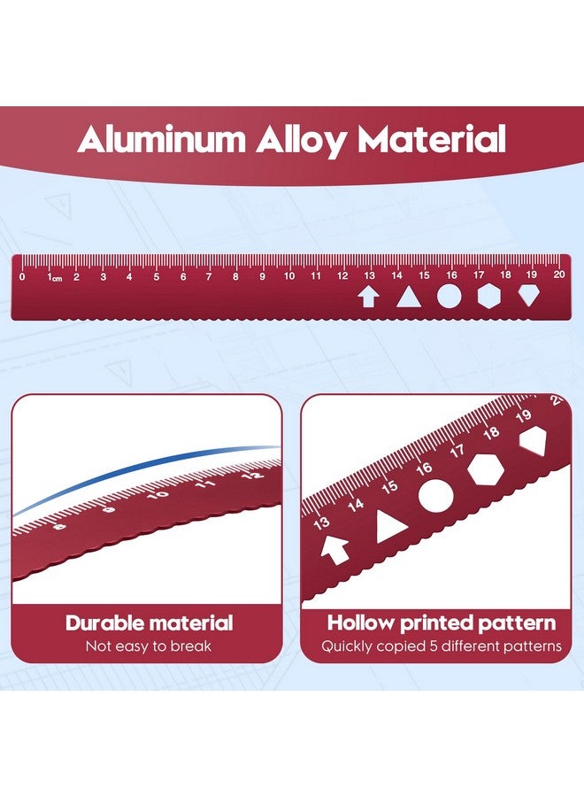MSDADA Triangle Ruler, Protractor, Square and Ruler Set, 4 Pieces Aluminum Alloy Ruler, Metal Drafting Ruler Kit, Geometric Protractor for Student, School, Home, Office (Red, 20cm/7.87inch) - Image 4
