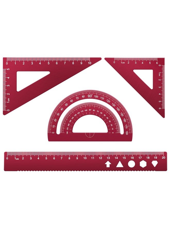 MSDADA Triangle Ruler, Protractor, Square and Ruler Set, 4 Pieces Aluminum Alloy Ruler, Metal Drafting Ruler Kit, Geometric Protractor for Student, School, Home, Office (Red, 20cm/7.87inch) - Image 1