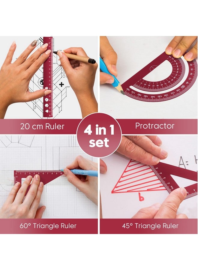 MSDADA Triangle Ruler, Protractor, Square and Ruler Set, 4 Pieces Aluminum Alloy Ruler, Metal Drafting Ruler Kit, Geometric Protractor for Student, School, Home, Office (Red, 20cm/7.87inch) - Image 2