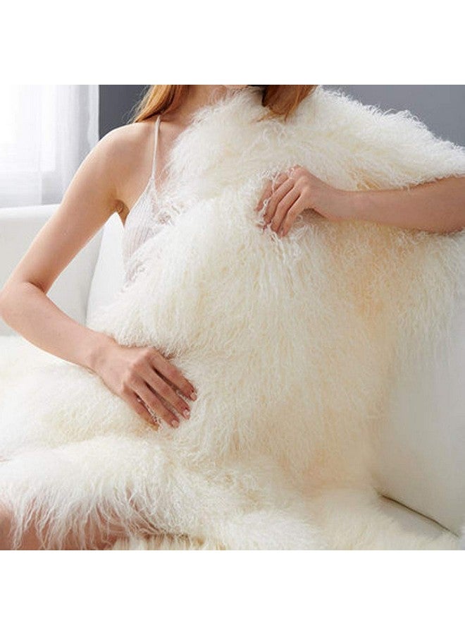 Genuine Tibetan Fur Rug/Ivory White Real Mongolian Sheepskin Hide Pelt Throw Rug Plate Lamb Wool Carpet, 39.5"-41.5" Long