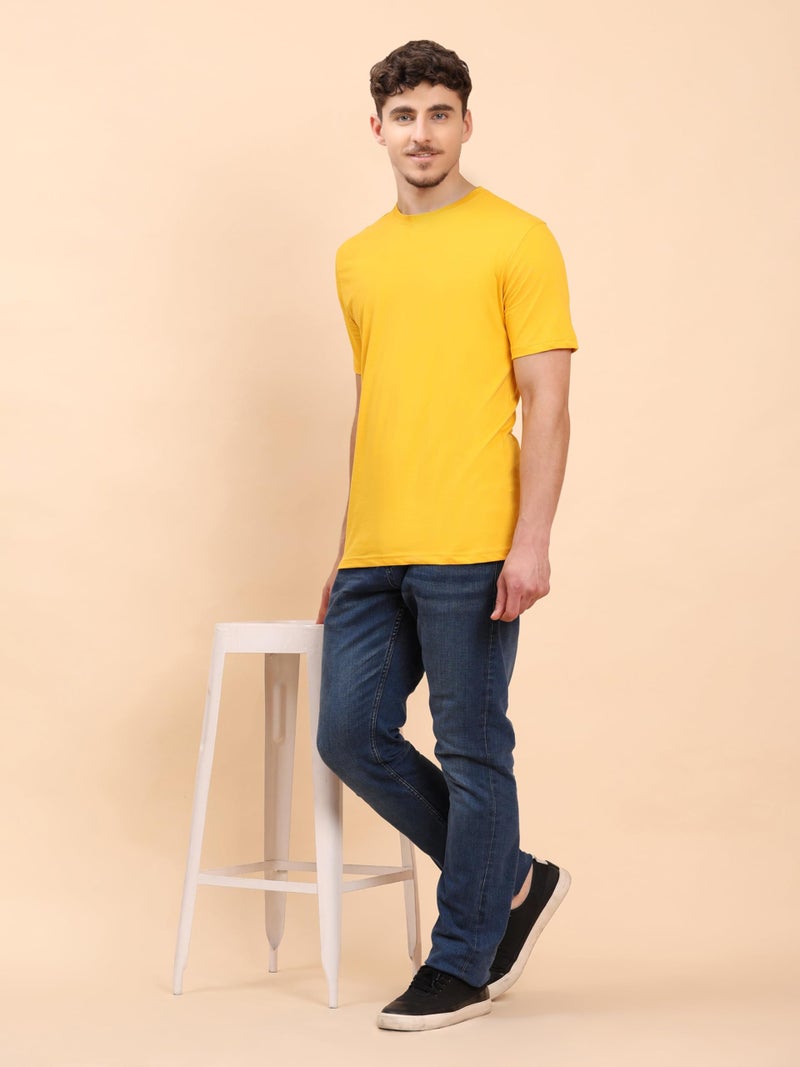 ENCIGER® Men's Solid 100% Cotton T Shirt | Round Neck | Half Sleeve | Plain-Regular Fit (Yellow, Small) - Image 3