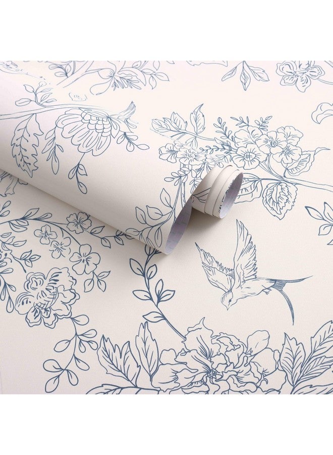 Froluya Cream White and Blue Vintage Floral Wallpaper Peel and Stick Wallpaper Removable 393"x17.7" Boho Peel and Stick Wallpaper Self Adhesive Wall Paper for Bedroom Cabinets Shelf Liner Vinyl Roll - Image 1