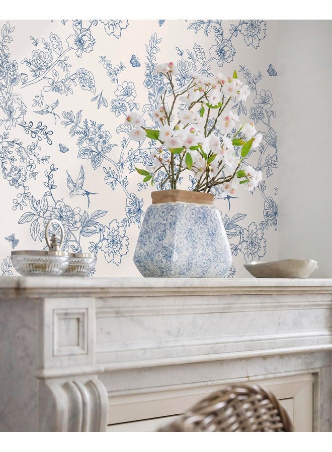 Froluya Cream White and Blue Vintage Floral Wallpaper Peel and Stick Wallpaper Removable 393"x17.7" Boho Peel and Stick Wallpaper Self Adhesive Wall Paper for Bedroom Cabinets Shelf Liner Vinyl Roll - Image 4