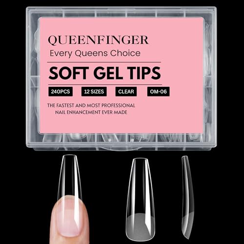 QUEENFINGER 240PCS Soft Gel Nail Tips with Box – Clear Gel X Nail Tips Full Cover Fake Nails Soft Acrylic Tips for Nail Extension Manicure at Home or Salon DIY Use for Women and Girls (06) - Image 1
