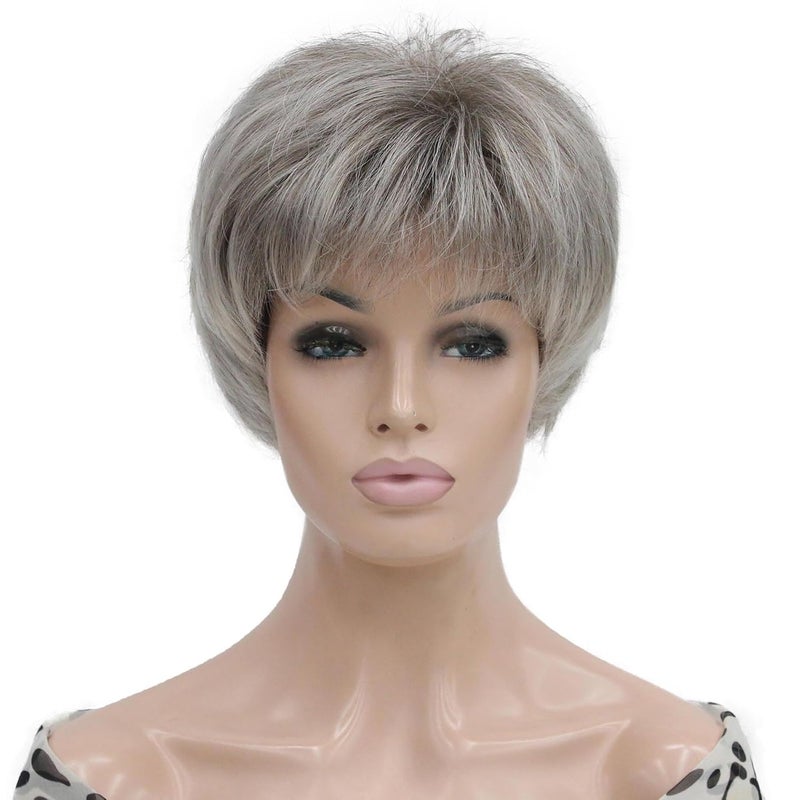 Lydell 68 Straight Short Bob Wig Layered Shaggy Flat Bangs Heat Resistant Synthetic Wigs 48T Light Gray with Dark Root