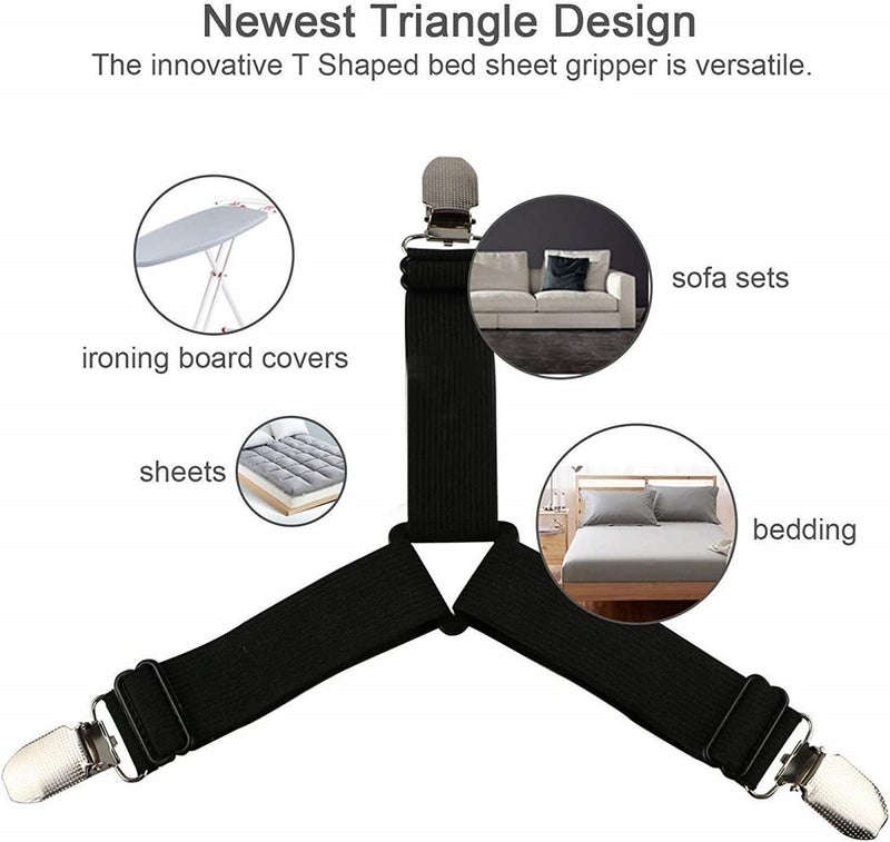 REPLEX Triangle Elastic Bed Sheet Holders and Adjustable Fasteners Suspenders Gripper Straps Clips for Single Size Bed (Black, Pack of 4) - Image 3