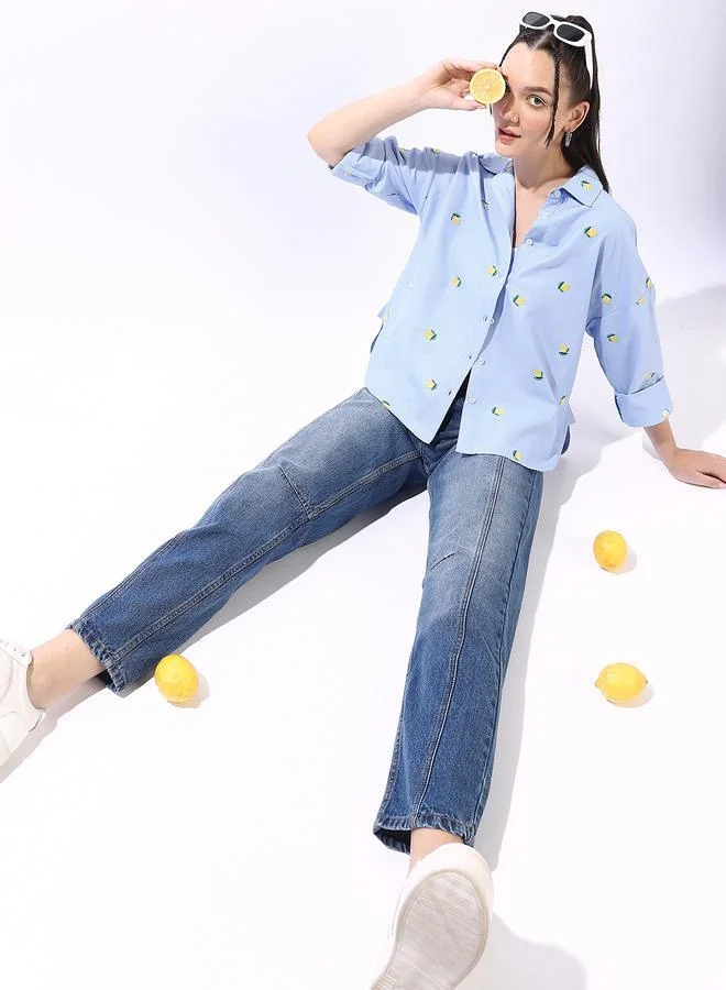 HIGH STAR Women's Blue 100% Cotton Embroidered Button Down Oversized Shirt
