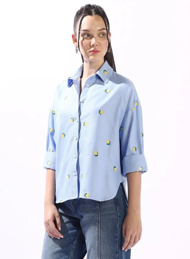 Women's Blue 100% Cotton Embroidered Button Down Oversized Shirt