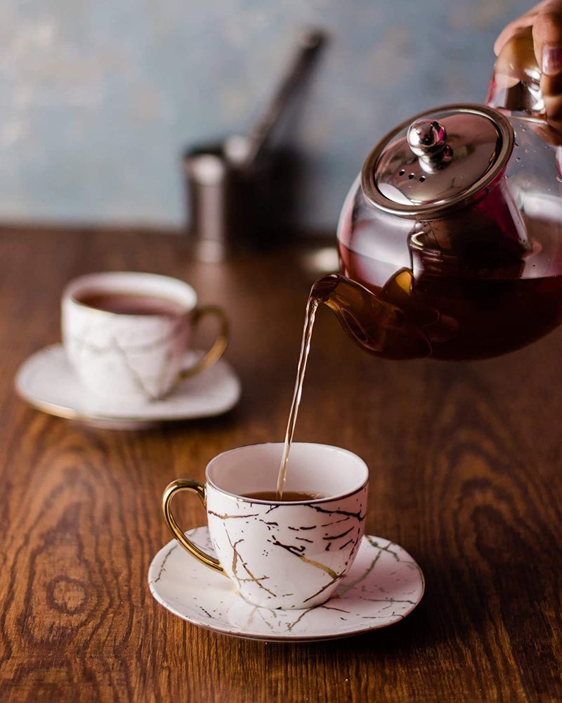 E - Ezra E-Ezra Indian Ceramic Fine Bone China Handmade Gold Plated Tea Cup with Saucers (6 Cup, 6 Saucer) (White) - Image 2