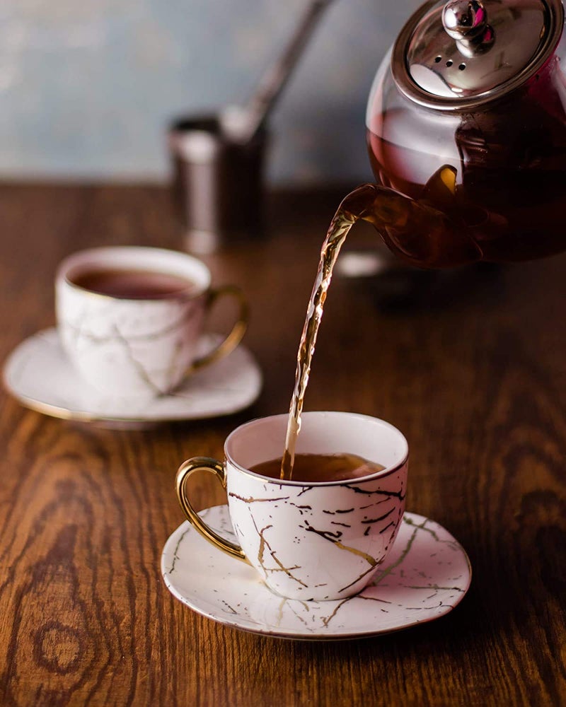 E - Ezra E-Ezra Indian Ceramic Fine Bone China Handmade Gold Plated Tea Cup with Saucers (6 Cup, 6 Saucer) (White) - Image 1