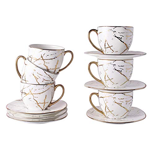 E - Ezra E-Ezra Indian Ceramic Fine Bone China Handmade Gold Plated Tea Cup with Saucers (6 Cup, 6 Saucer) (White) - Image 3