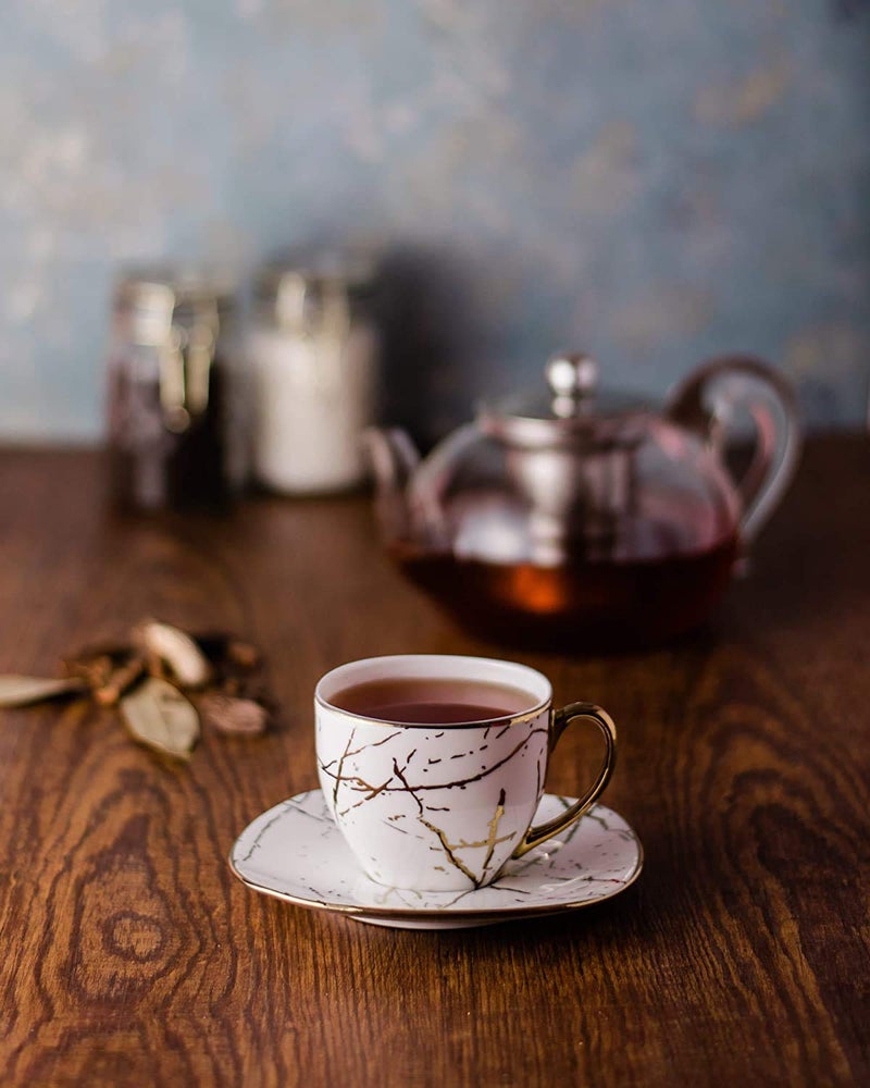 E - Ezra E-Ezra Indian Ceramic Fine Bone China Handmade Gold Plated Tea Cup with Saucers (6 Cup, 6 Saucer) (White) - Image 4